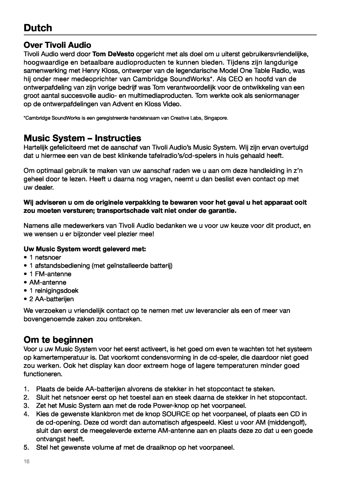 Tivoli Audio MUSIC SYSTEM owner manual Dutch, Music System – Instructies, Om te beginnen, Over Tivoli Audio 