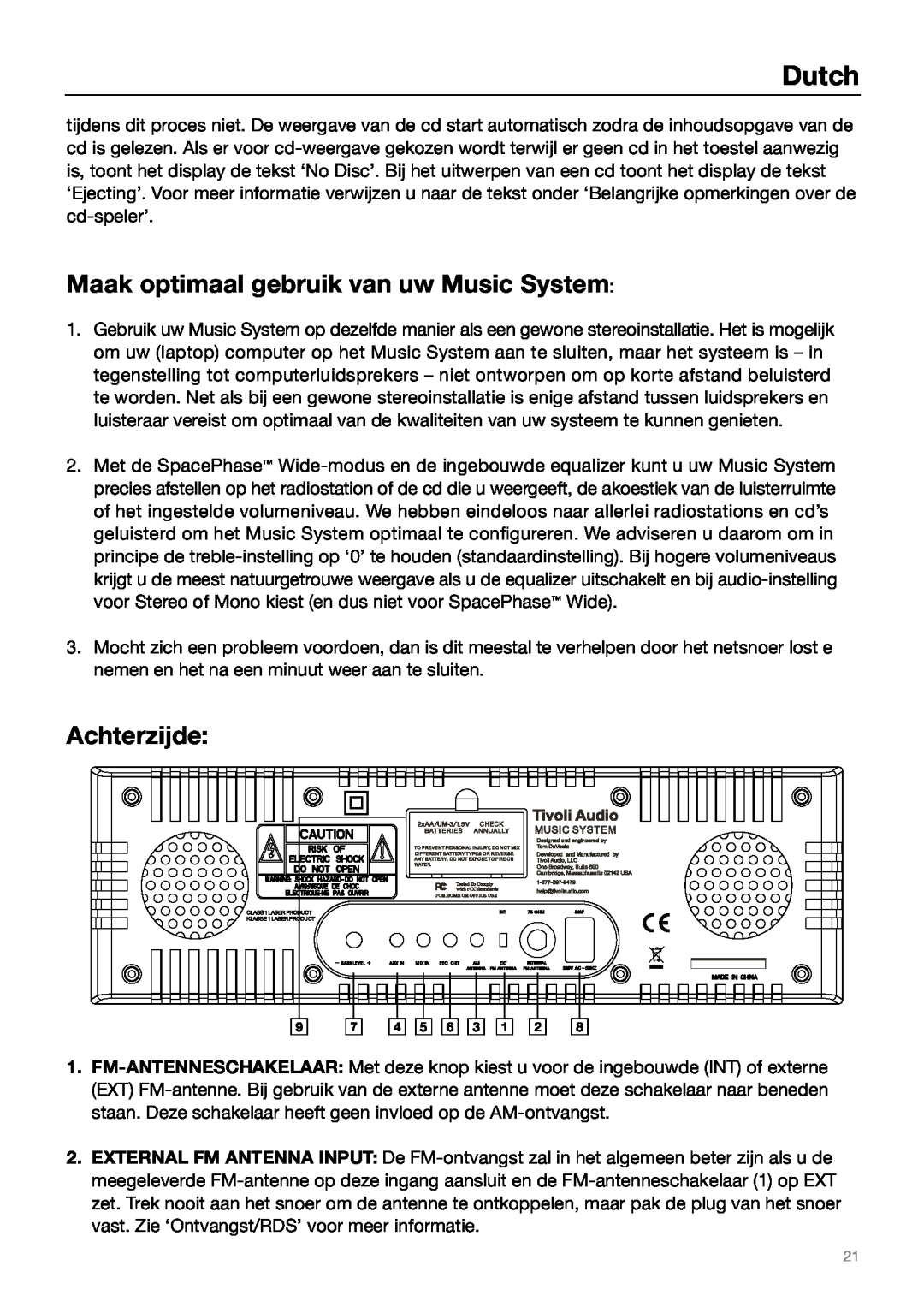 Tivoli Audio MUSIC SYSTEM owner manual Maak optimaal gebruik van uw Music System, Achterzijde, Dutch 