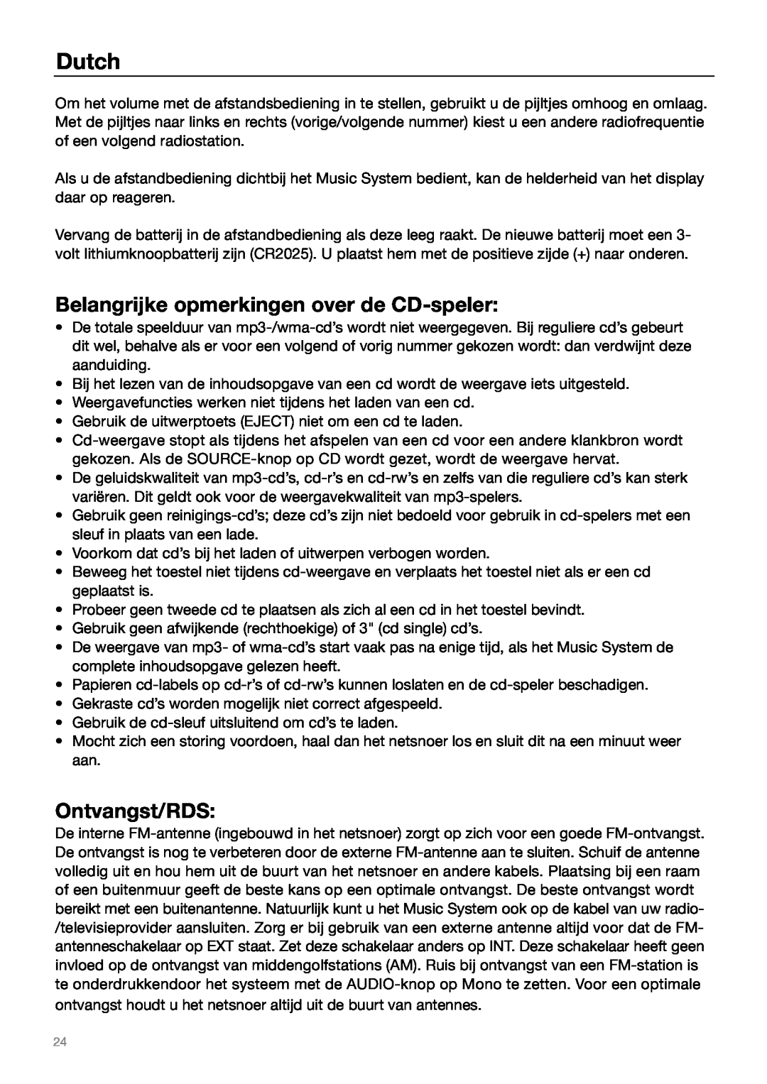 Tivoli Audio MUSIC SYSTEM owner manual Belangrijke opmerkingen over de CD-speler, Ontvangst/RDS, Dutch 