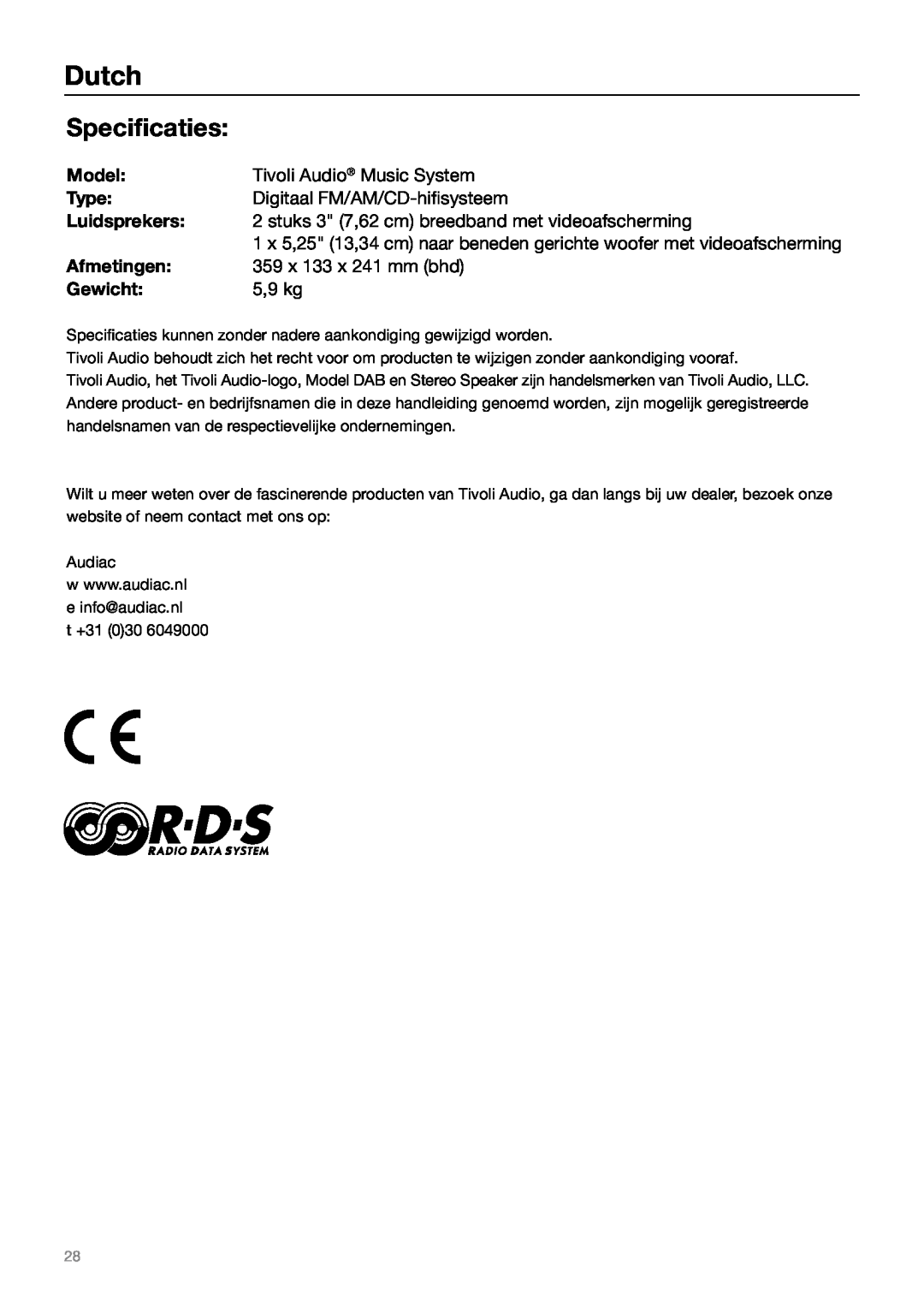 Tivoli Audio MUSIC SYSTEM owner manual Specificaties, Gewicht, 5,9 kg, Dutch 