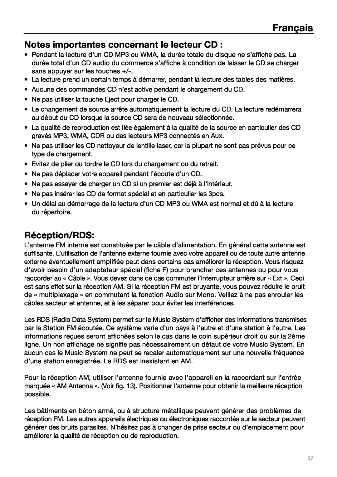 Tivoli Audio MUSIC SYSTEM owner manual Notes importantes concernant le lecteur CD, Réception/RDS, Français 