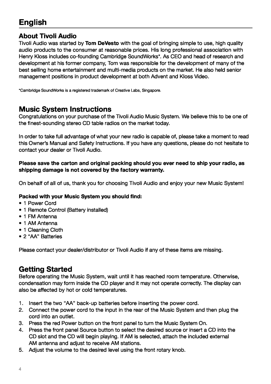 Tivoli Audio MUSIC SYSTEM owner manual English, Music System Instructions, Getting Started, About Tivoli Audio 