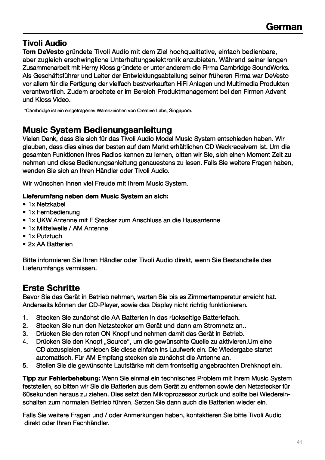 Tivoli Audio MUSIC SYSTEM owner manual German, Music System Bedienungsanleitung, Erste Schritte, Tivoli Audio 