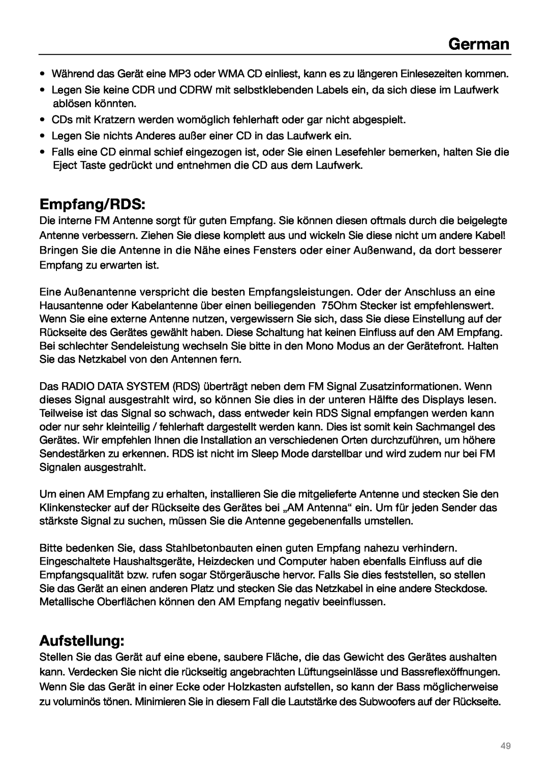Tivoli Audio MUSIC SYSTEM owner manual Empfang/RDS, Aufstellung, German 