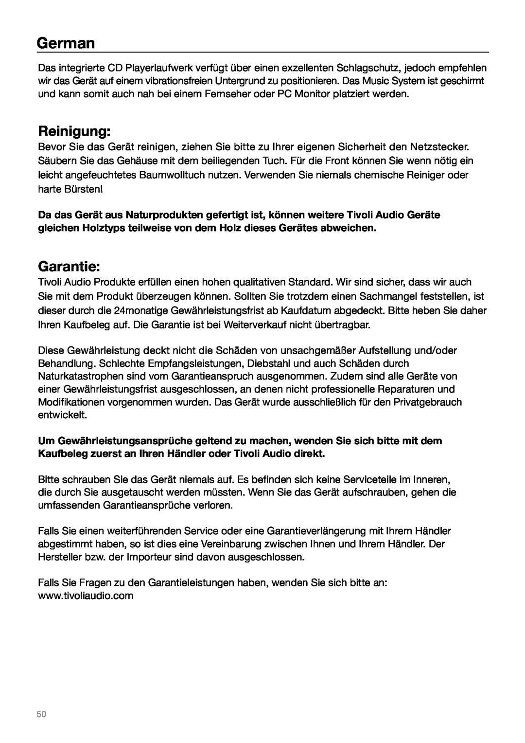 Tivoli Audio MUSIC SYSTEM owner manual Reinigung, German, Garantie 