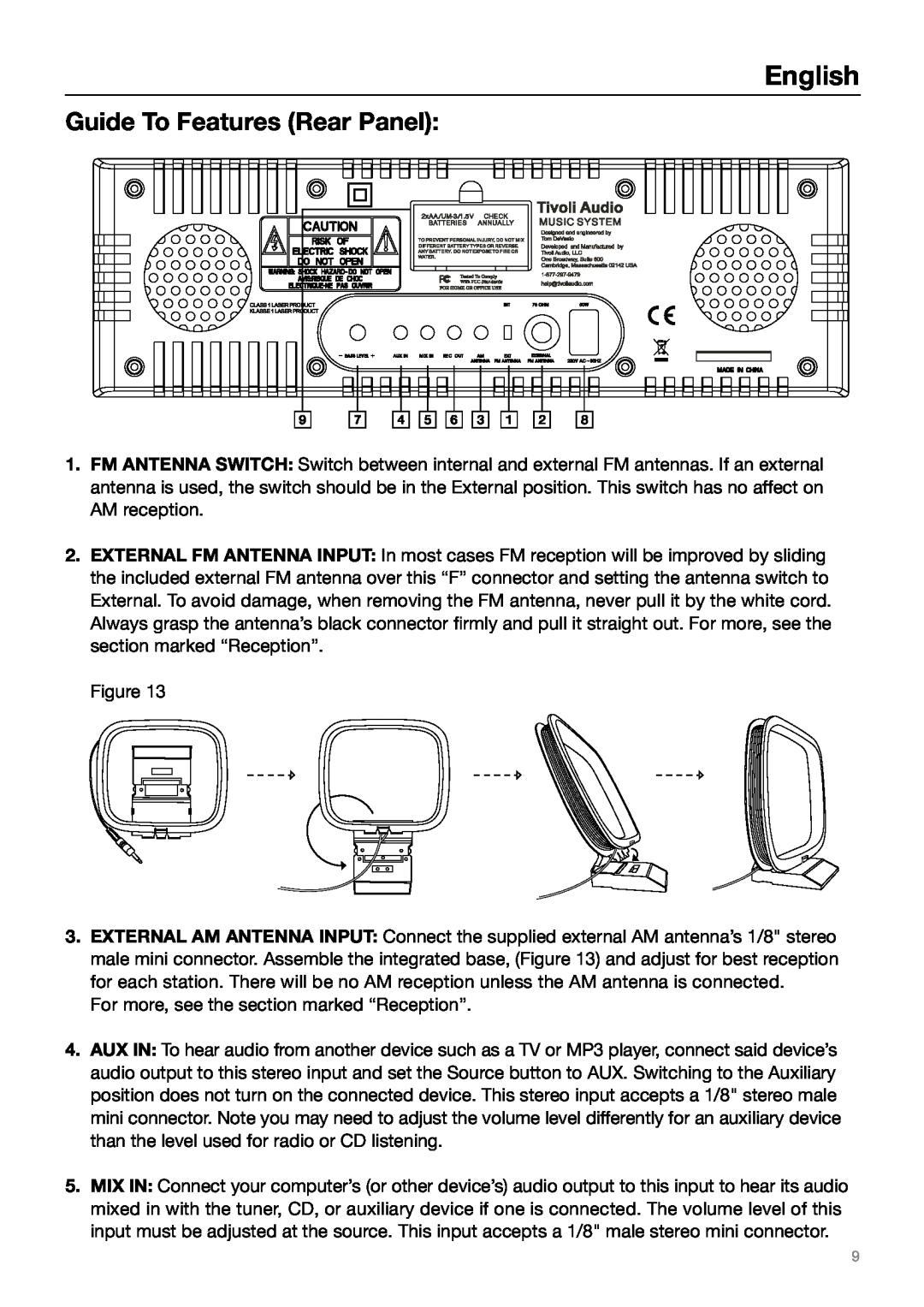 Tivoli Audio MUSIC SYSTEM owner manual Guide To Features Rear Panel, English 