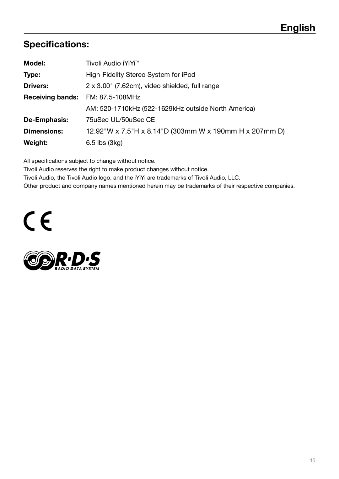 Tivoli Audio Sound System owner manual Specifications 