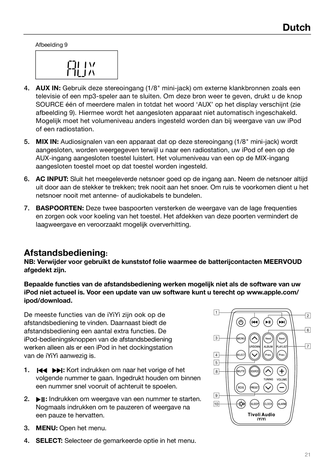 Tivoli Audio Sound System owner manual Afstandsbediening 