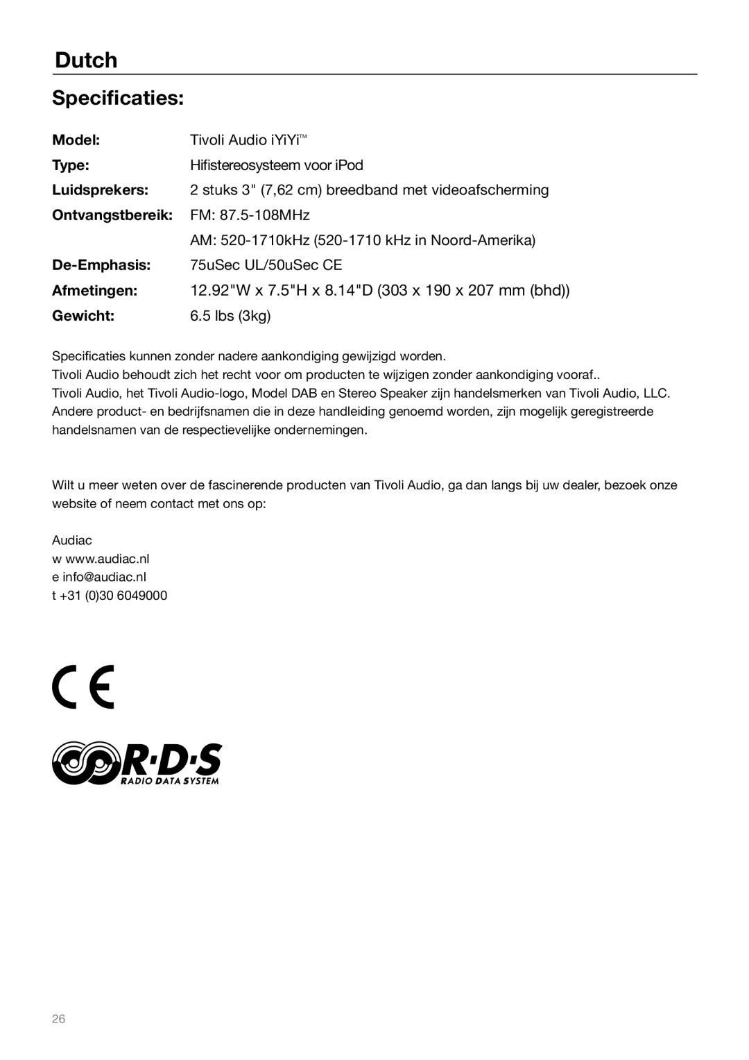 Tivoli Audio Sound System owner manual Specificaties, Luidsprekers, Ontvangstbereik, Afmetingen, Gewicht 