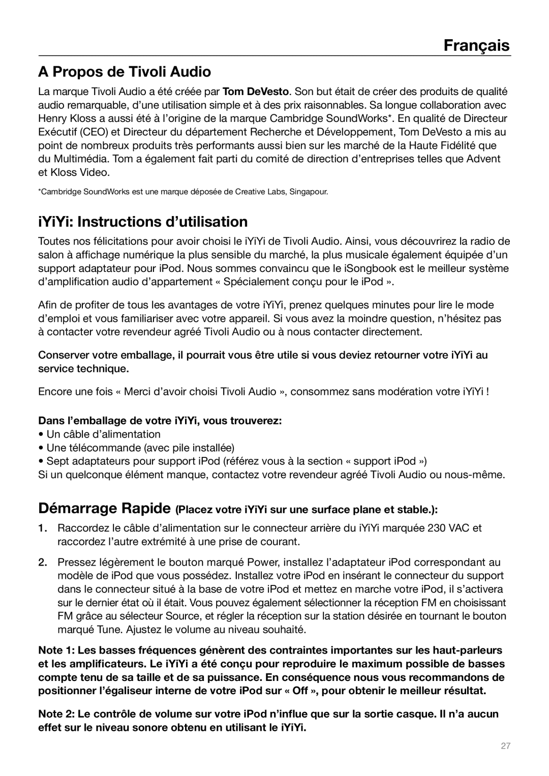 Tivoli Audio Sound System owner manual Propos de Tivoli Audio, IYiYi Instructions d’utilisation 