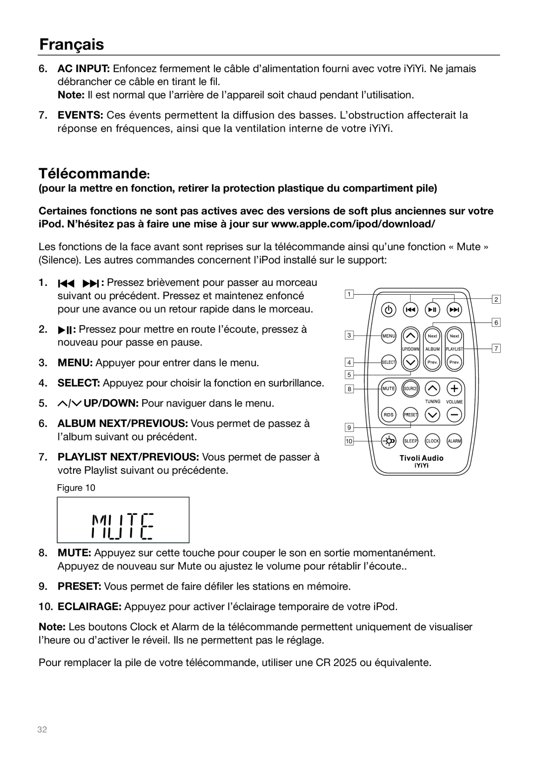 Tivoli Audio Sound System owner manual Télécommande 