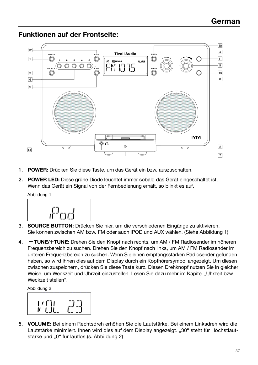 Tivoli Audio Sound System owner manual Funktionen auf der Frontseite 