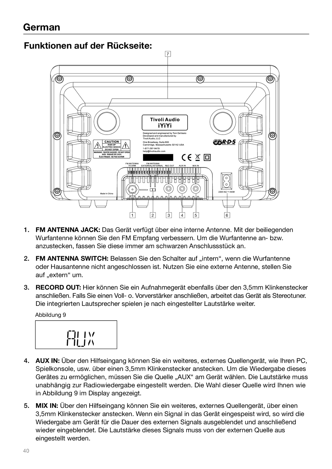 Tivoli Audio Sound System owner manual Funktionen auf der Rückseite 