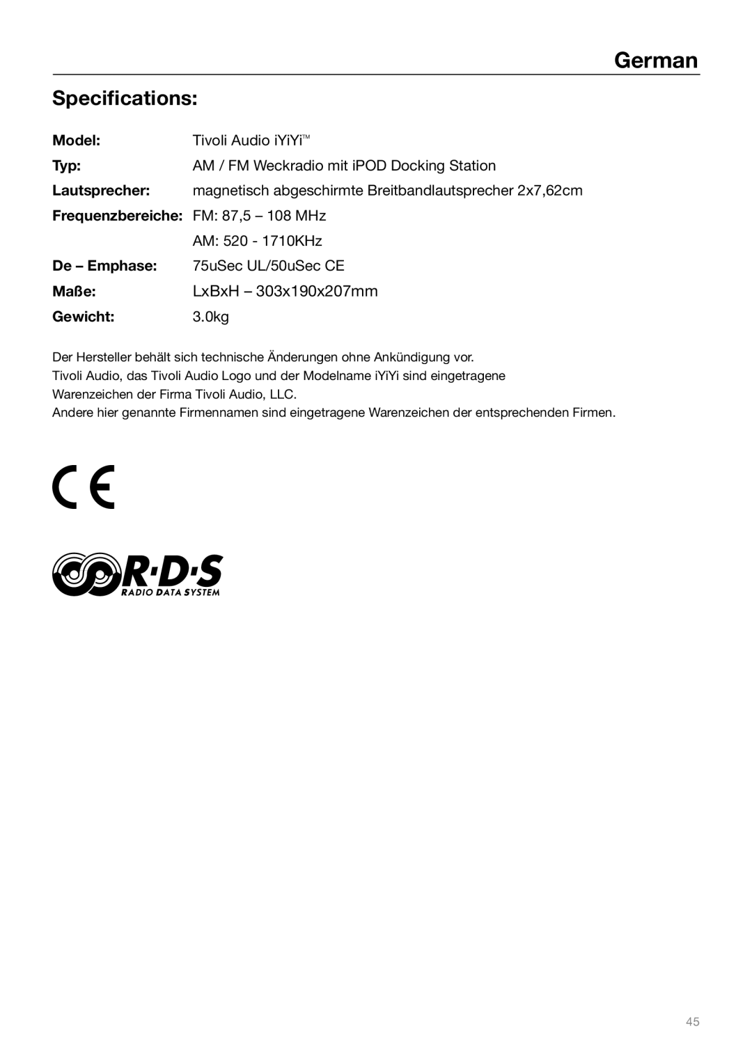 Tivoli Audio Sound System owner manual Frequenzbereiche FM 87,5 108 MHz, AM 520 1710KHz 