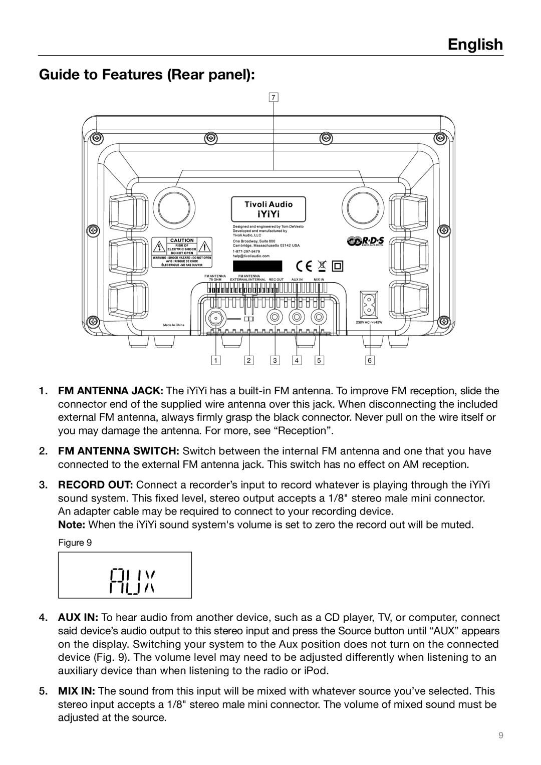 Tivoli Audio Sound System owner manual Guide to Features Rear panel 