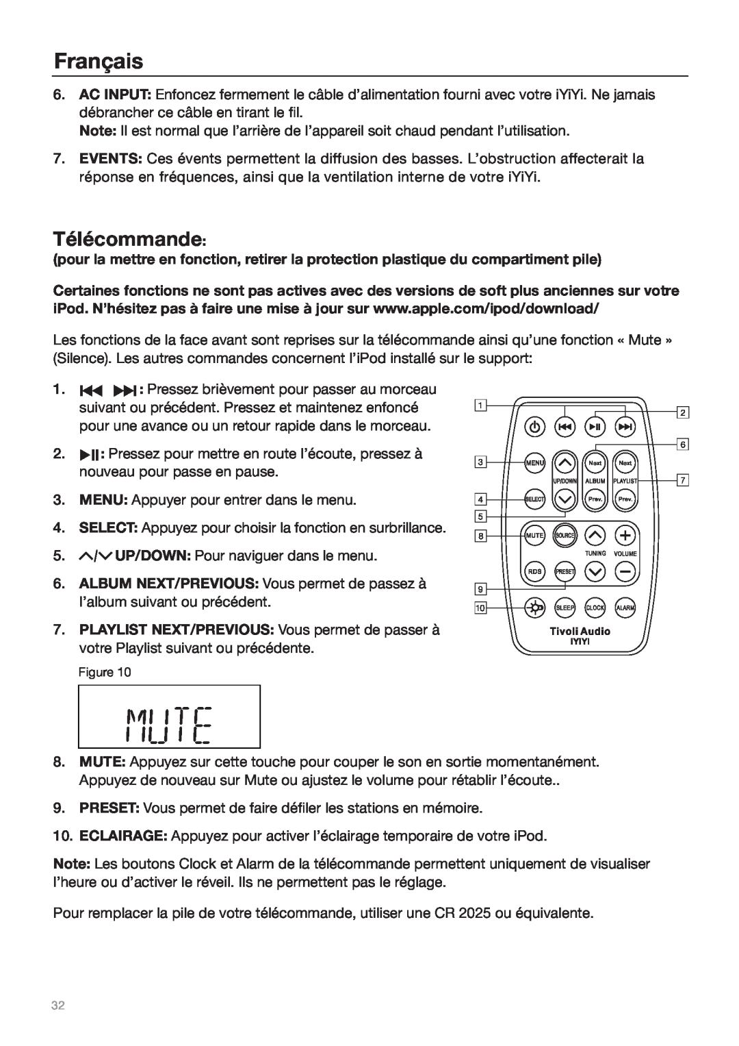 Tivoli Audio Sound System owner manual Télécommande, Français 