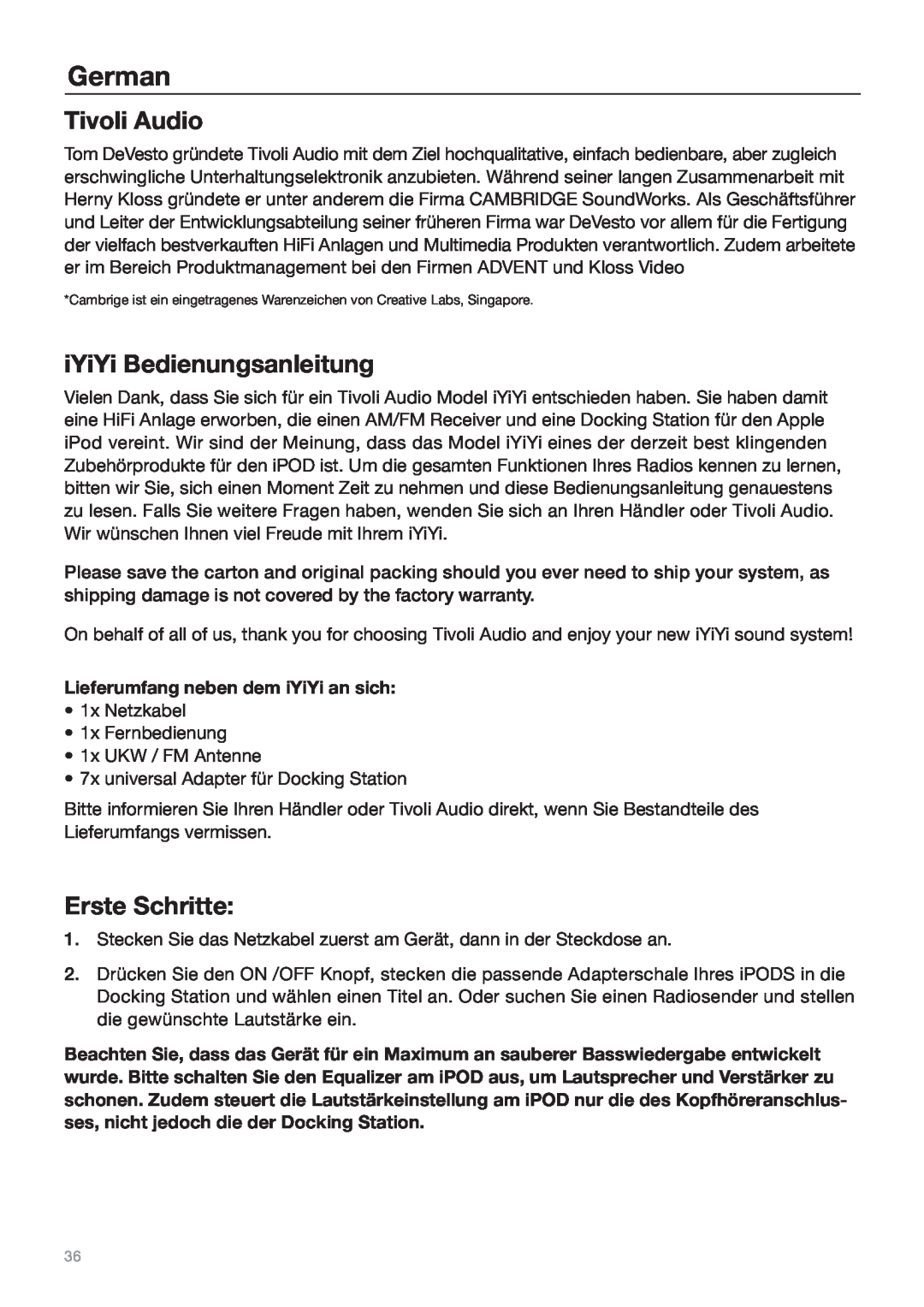 Tivoli Audio Sound System owner manual German, Tivoli Audio, iYiYi Bedienungsanleitung, Erste Schritte 