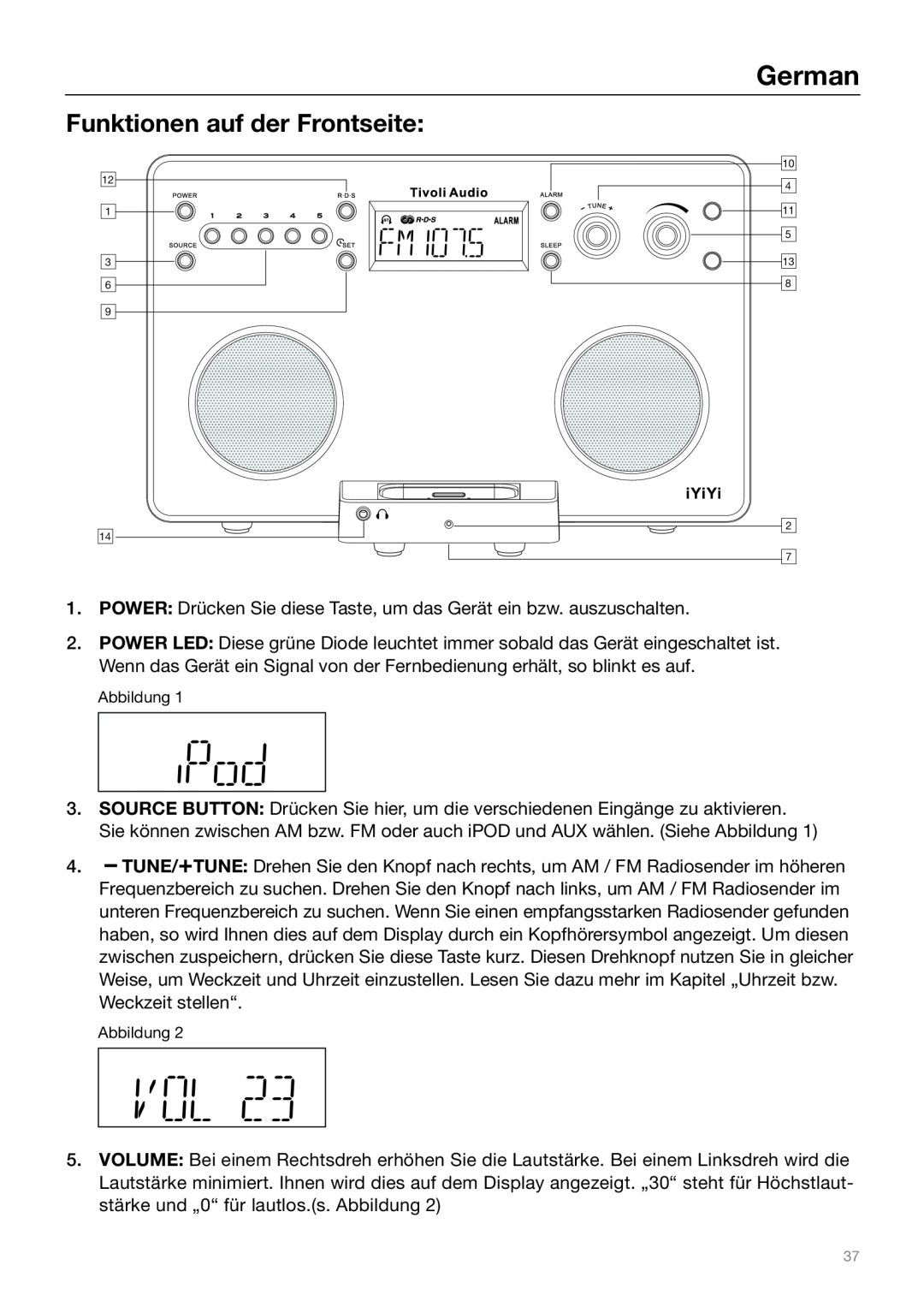 Tivoli Audio Sound System owner manual Funktionen auf der Frontseite, German 