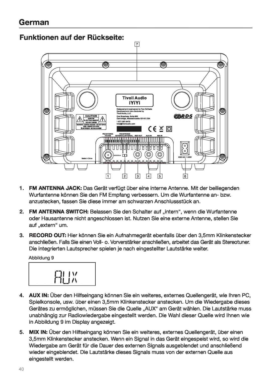 Tivoli Audio Sound System owner manual Funktionen auf der Rückseite, German 