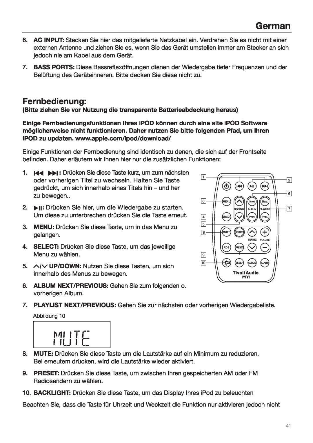 Tivoli Audio Sound System owner manual Fernbedienung, German 