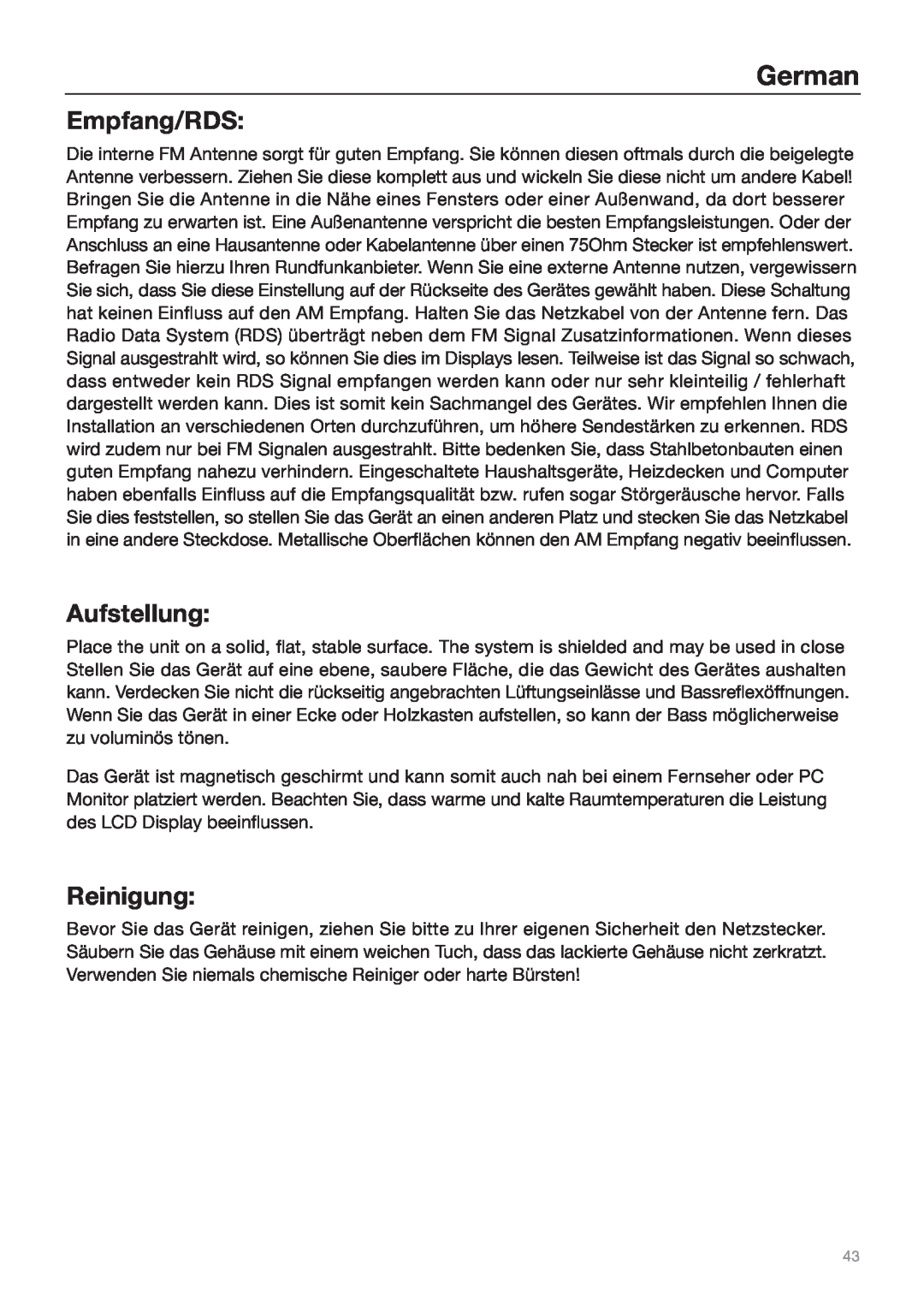 Tivoli Audio Sound System owner manual Empfang/RDS, Aufstellung, Reinigung, German 