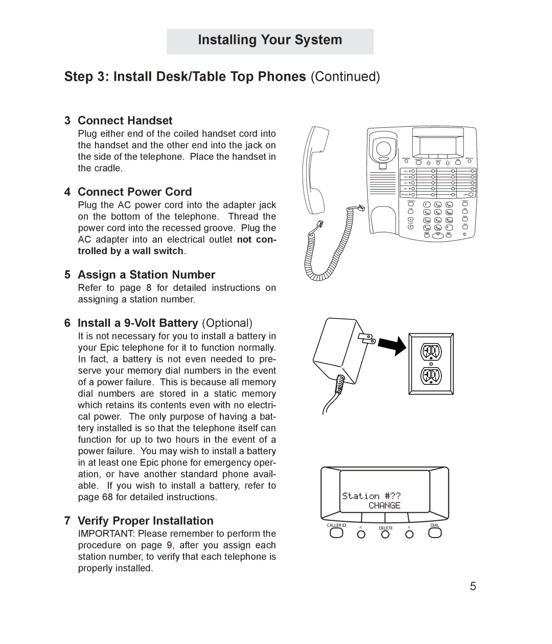 TMC ET4000 manual Connect Handset, Connect Power Cord, Assign a Station Number, Install a 9-Volt Battery Optional 