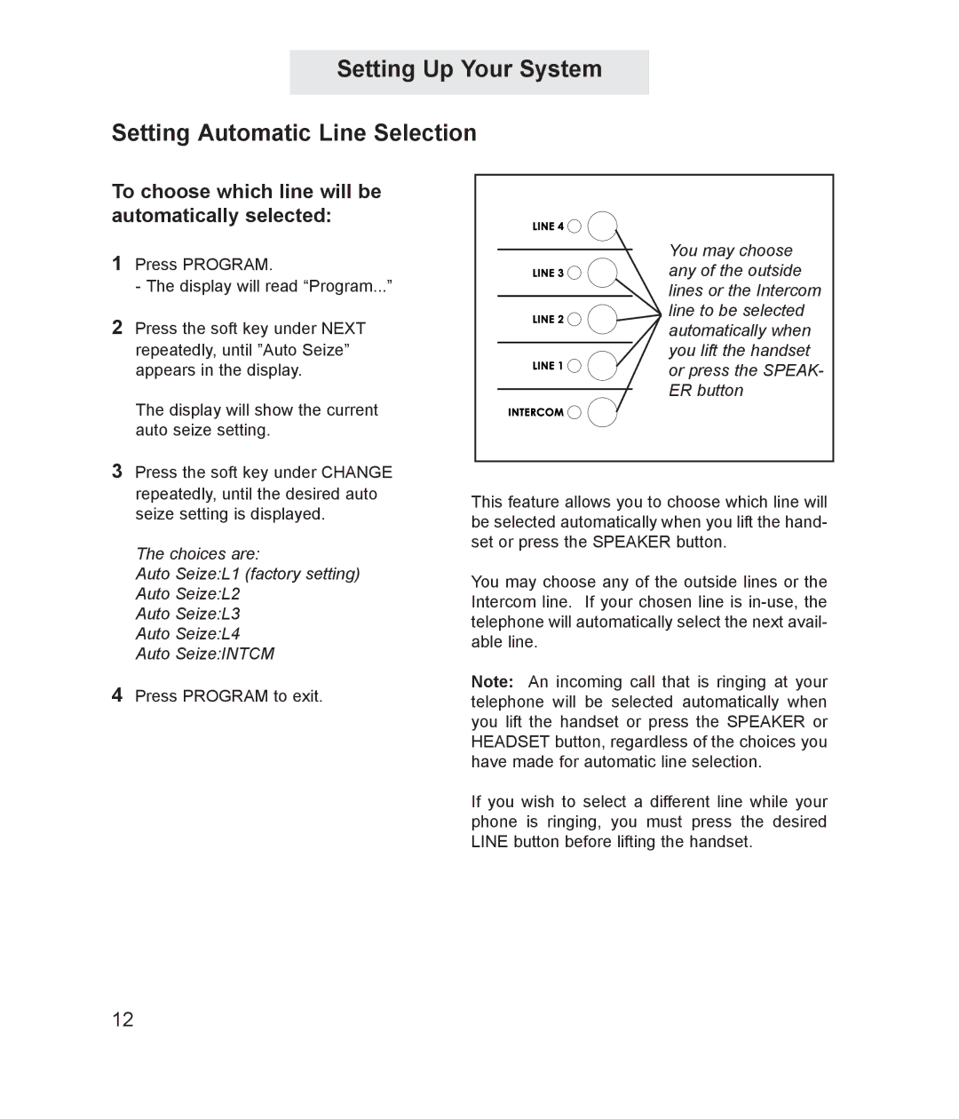 TMC ET4000 Setting Up Your System Setting Automatic Line Selection, To choose which line will be automatically selected 