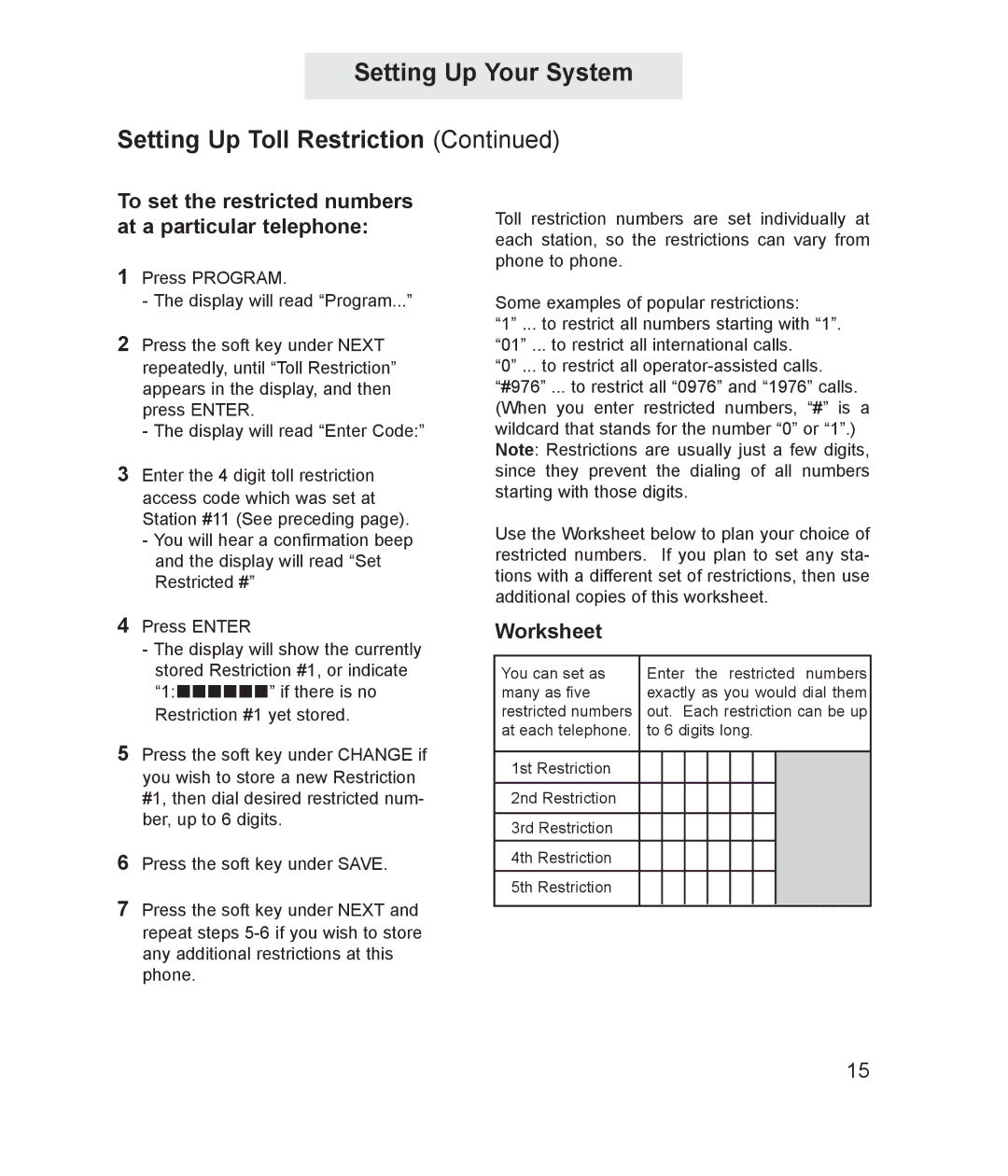 TMC ET4000 manual To set the restricted numbers at a particular telephone, Worksheet 