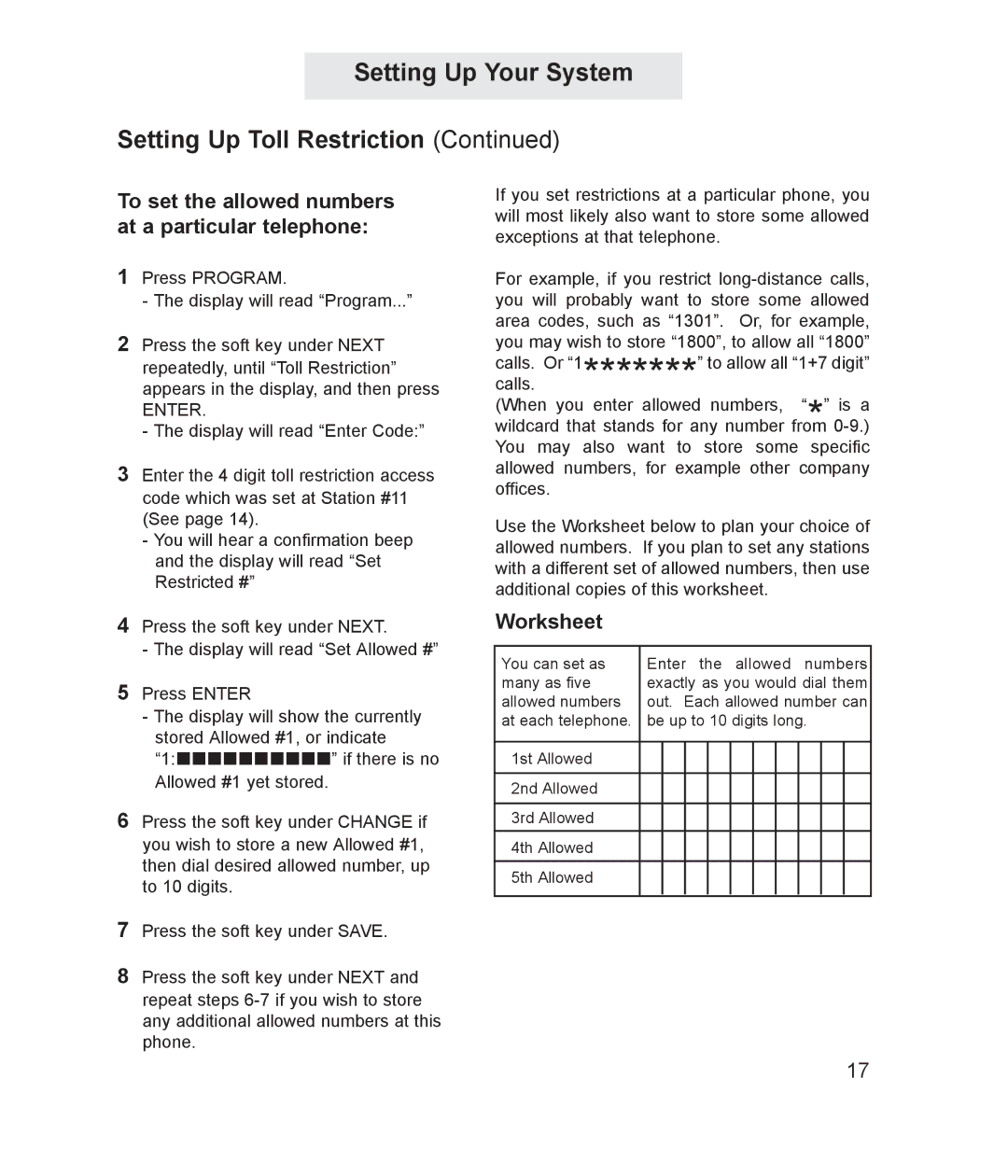 TMC ET4000 manual To set the allowed numbers at a particular telephone, Enter 