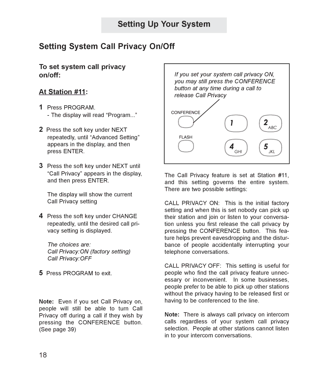 TMC ET4000 Setting Up Your System Setting System Call Privacy On/Off, To set system call privacy on/off At Station #11 