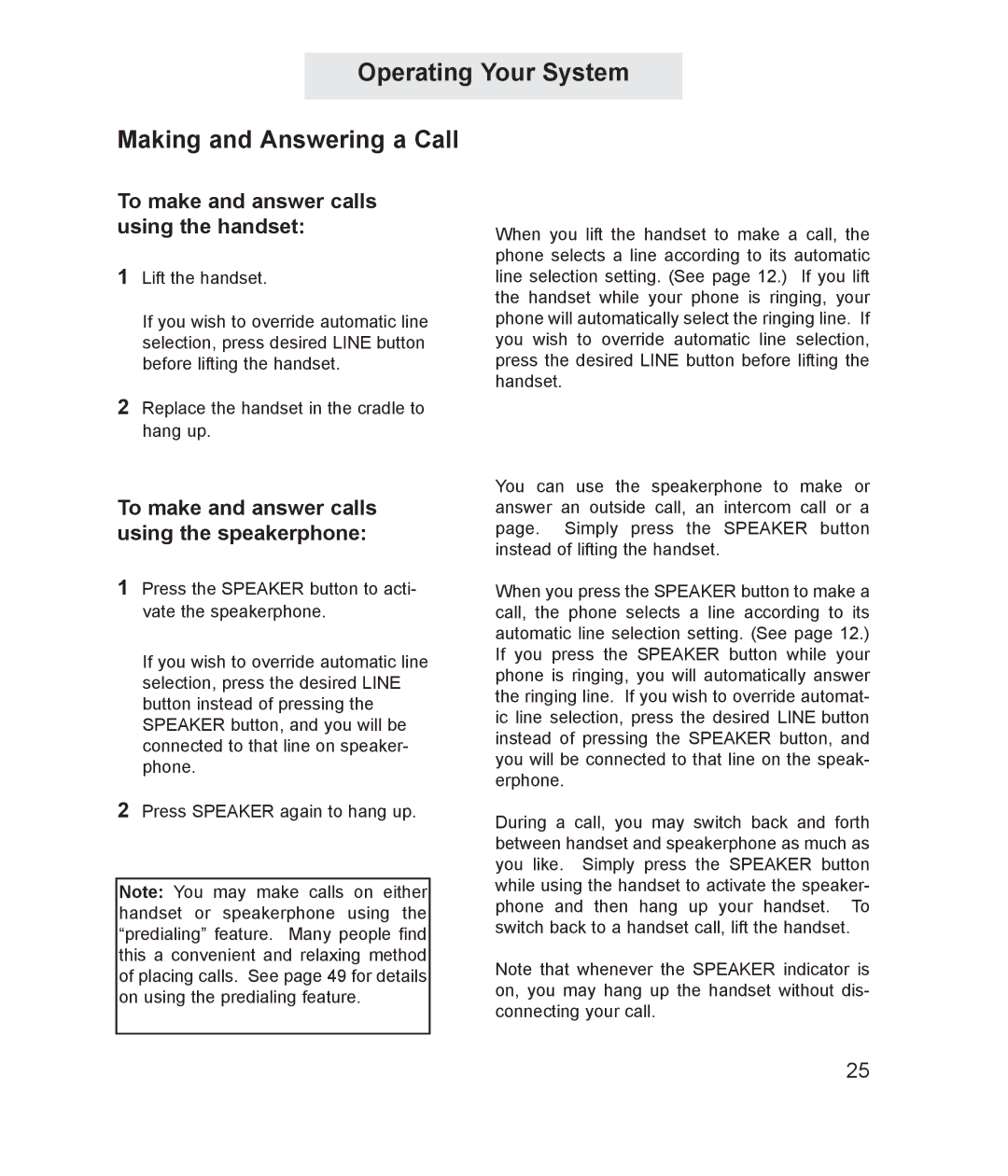 TMC ET4000 manual Operating Your System Making and Answering a Call, To make and answer calls using the handset 