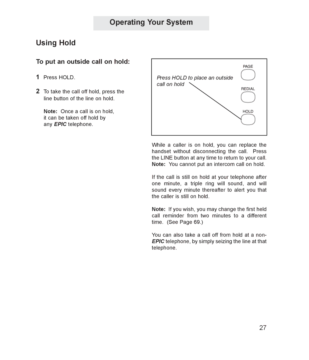 TMC ET4000 manual Operating Your System Using Hold, To put an outside call on hold 