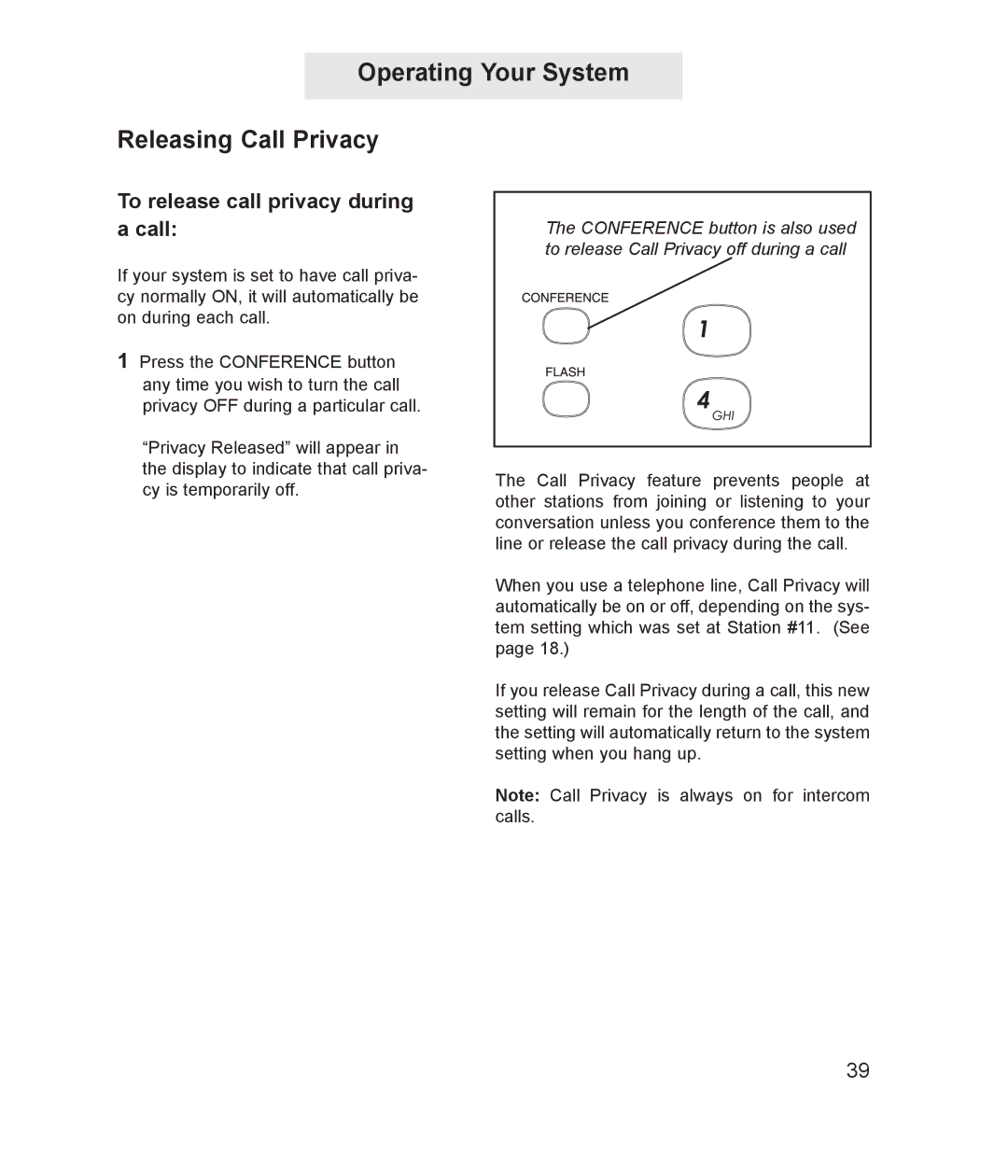 TMC ET4000 manual Operating Your System Releasing Call Privacy, To release call privacy during a call 