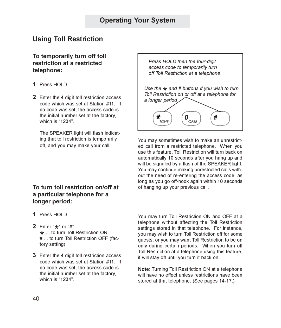 TMC ET4000 manual Operating Your System Using Toll Restriction 