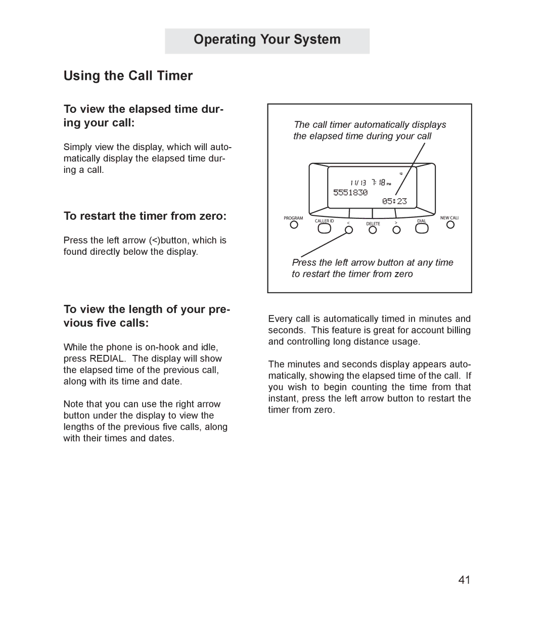 TMC ET4000 manual Operating Your System Using the Call Timer, To view the elapsed time dur- ing your call 