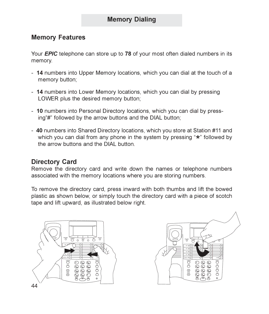 TMC ET4000 manual Memory Dialing Memory Features, Directory Card 