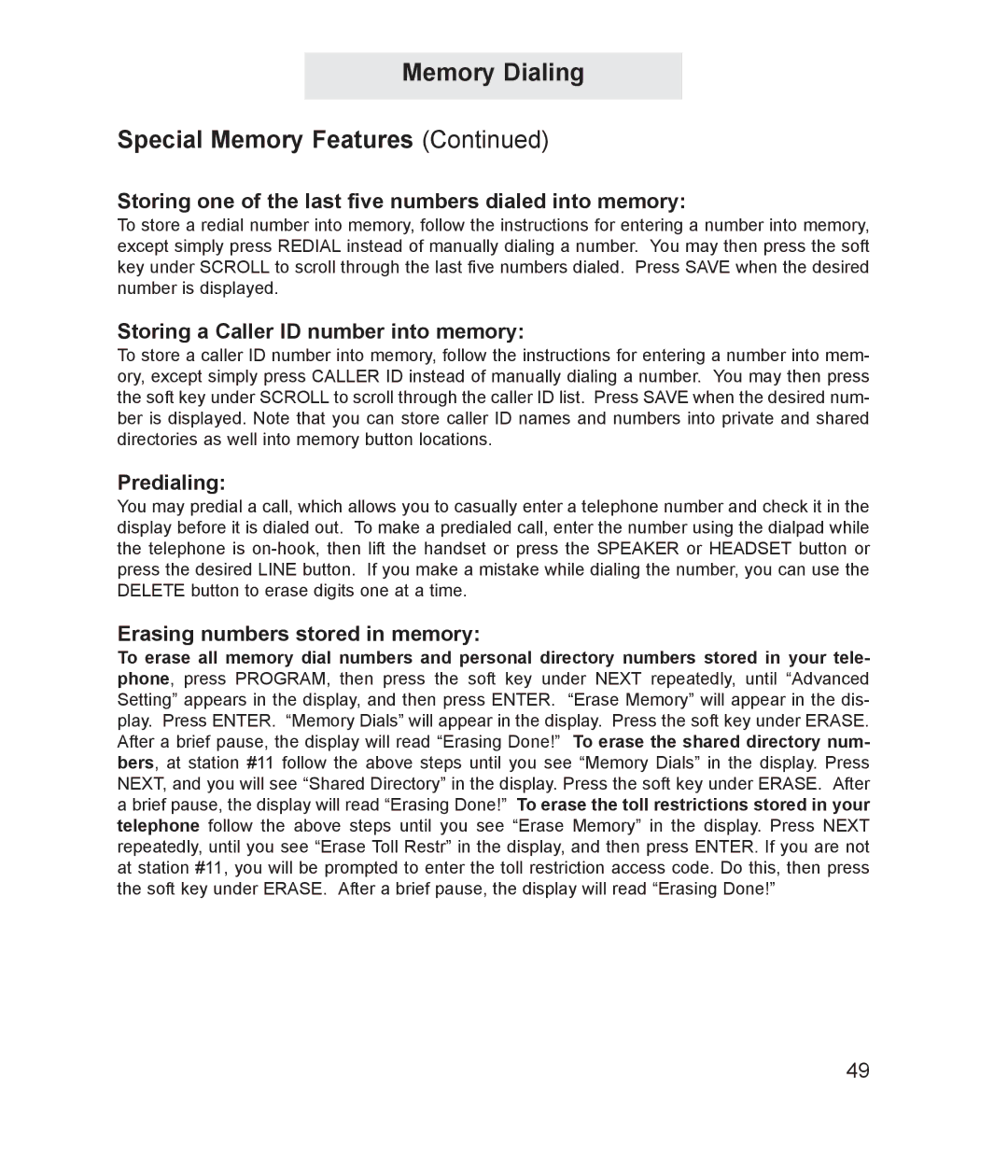 TMC ET4000 Storing one of the last five numbers dialed into memory, Storing a Caller ID number into memory, Predialing 