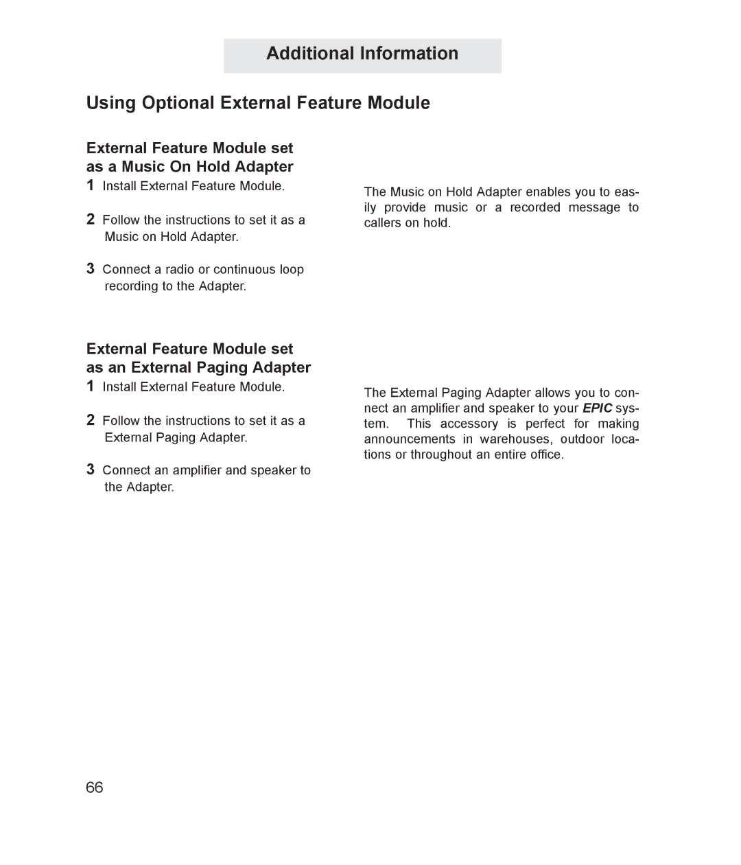 TMC ET4000 manual External Feature Module set as a Music On Hold Adapter 