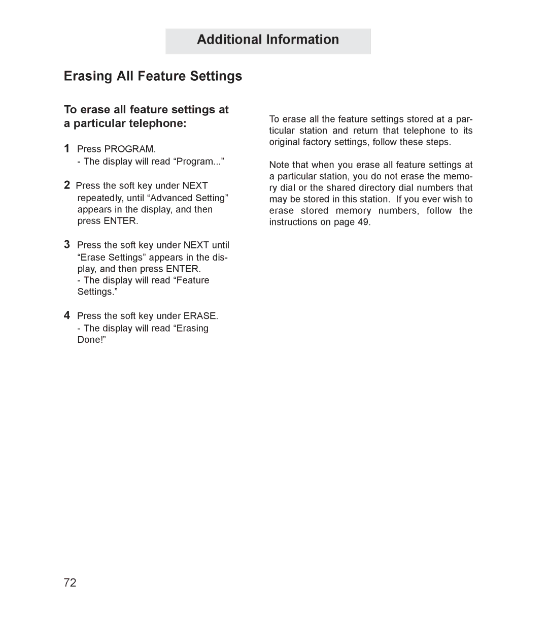 TMC ET4000 Additional Information Erasing All Feature Settings, To erase all feature settings at a particular telephone 