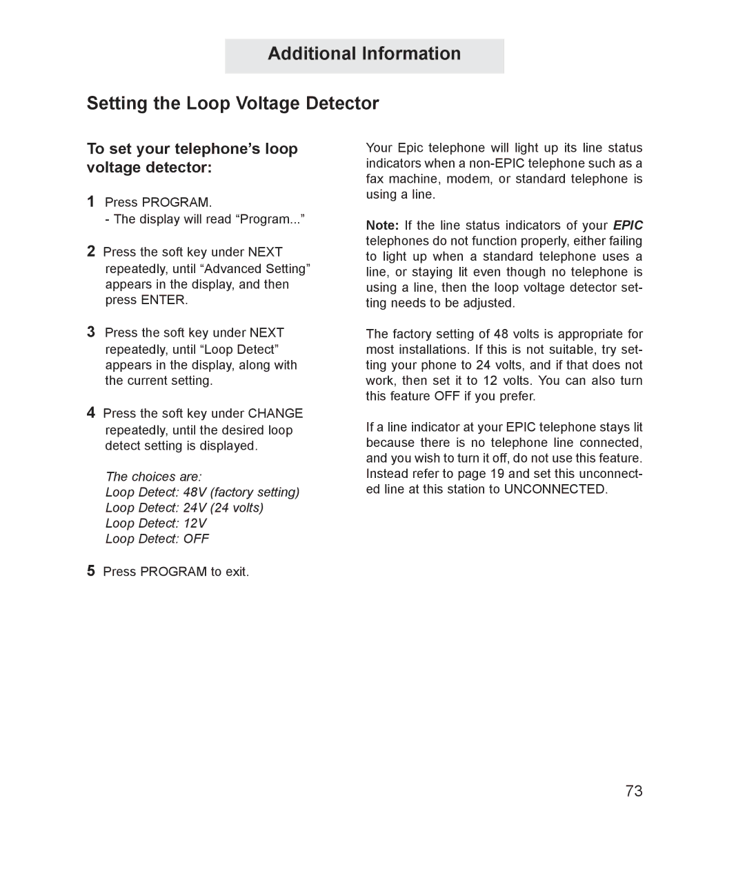 TMC ET4000 manual Additional Information Setting the Loop Voltage Detector, To set your telephone’s loop voltage detector 