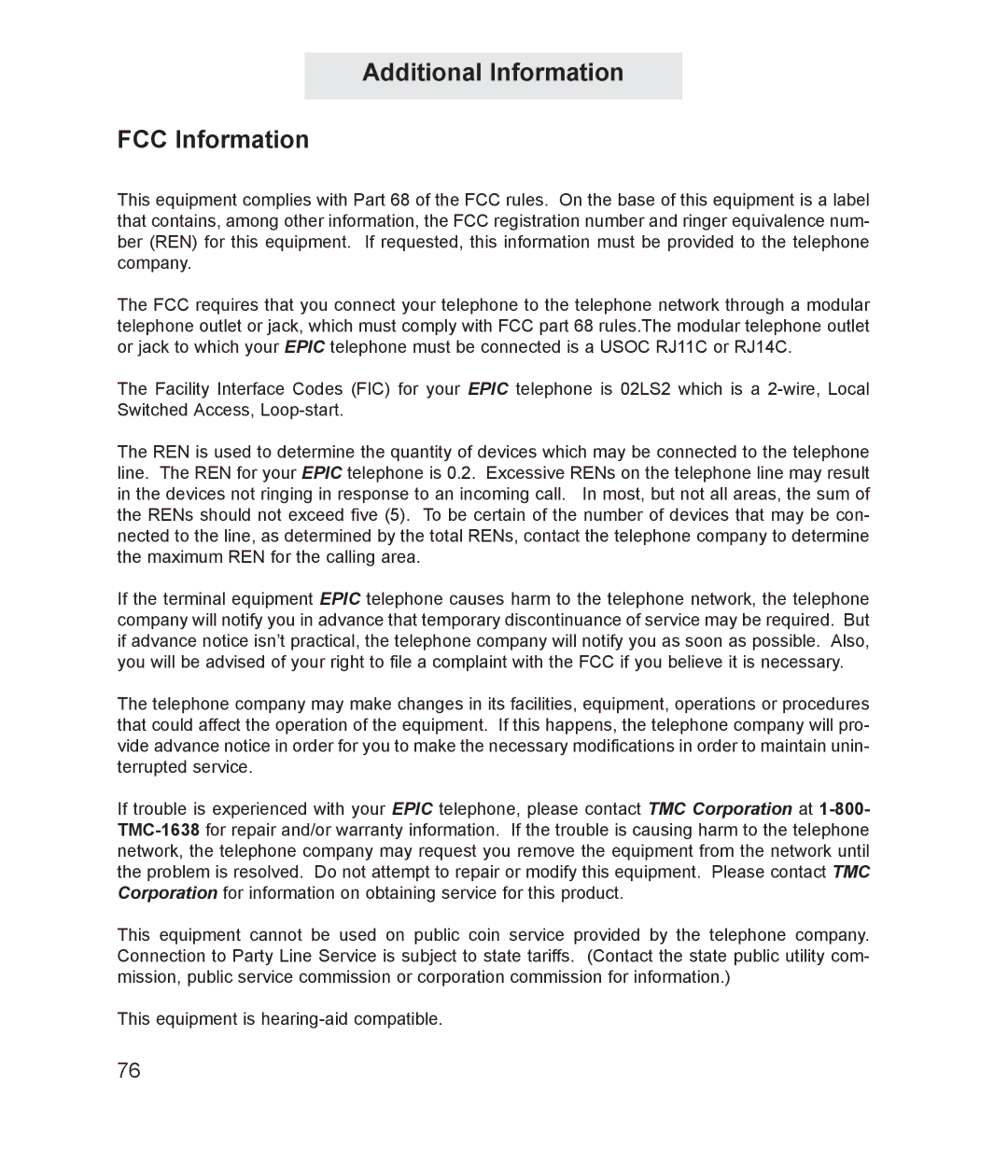 TMC ET4000 manual Additional Information FCC Information 