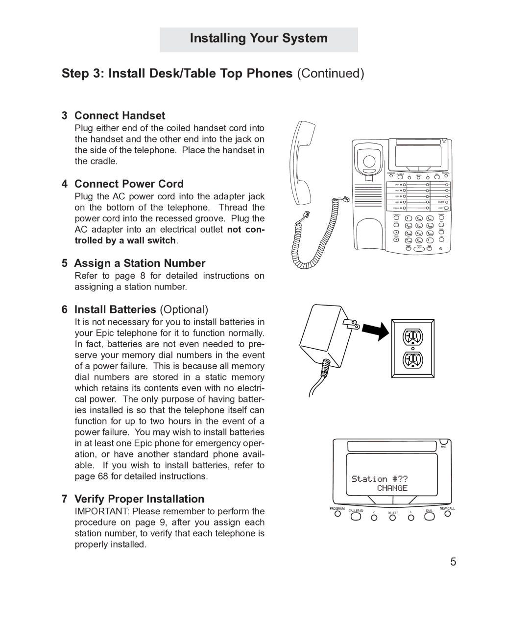 TMC ET4300 manual Connect Handset, Connect Power Cord, Assign a Station Number, Install Batteries Optional 