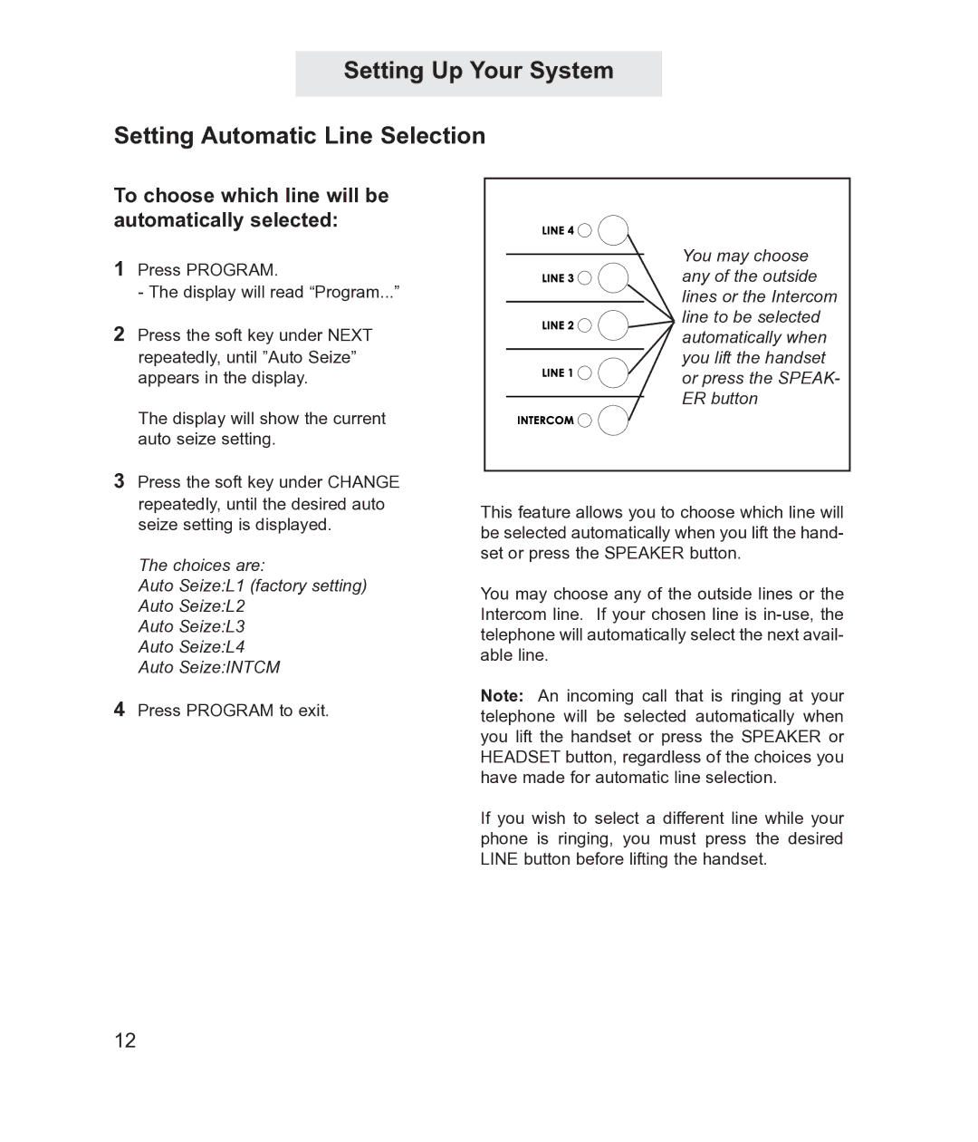 TMC ET4300 Setting Up Your System Setting Automatic Line Selection, To choose which line will be automatically selected 