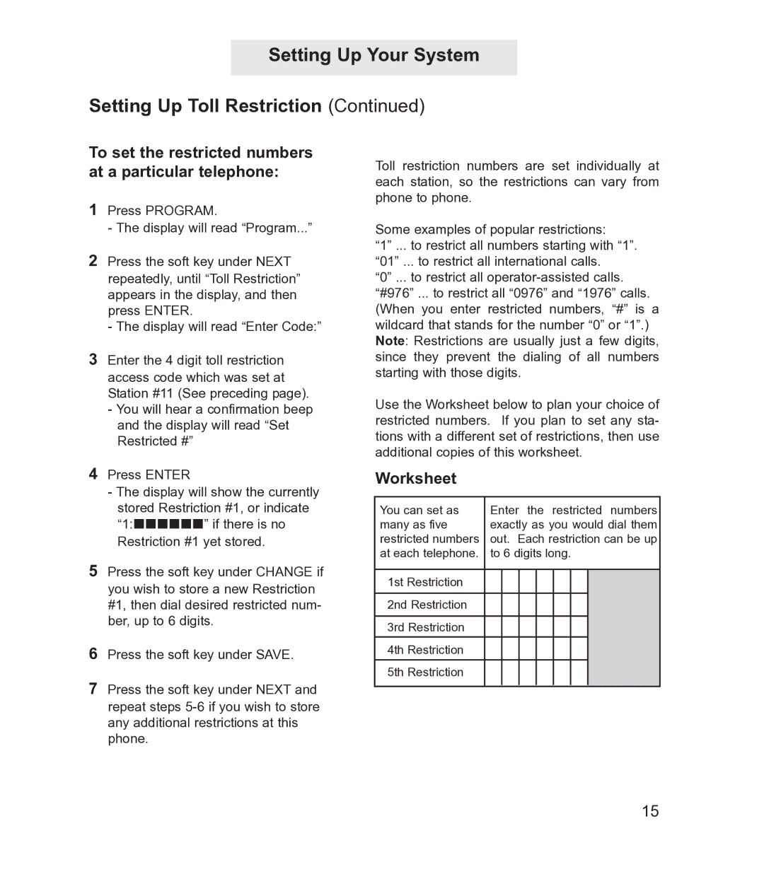 TMC ET4300 manual To set the restricted numbers at a particular telephone, Worksheet 