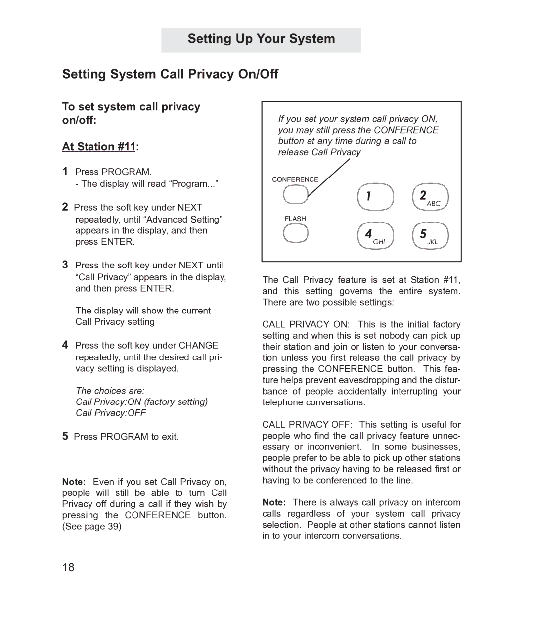 TMC ET4300 Setting Up Your System Setting System Call Privacy On/Off, To set system call privacy on/off At Station #11 