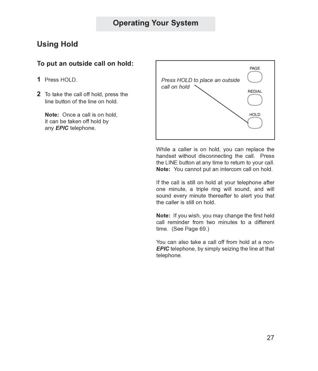 TMC ET4300 manual Operating Your System Using Hold, To put an outside call on hold 