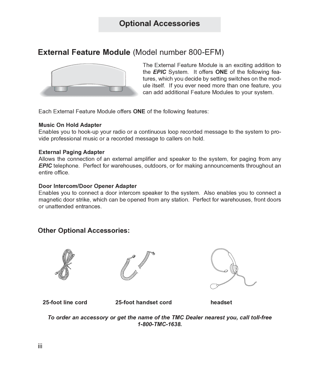 TMC ET4300 Other Optional Accessories, Music On Hold Adapter, External Paging Adapter, Door Intercom/Door Opener Adapter 