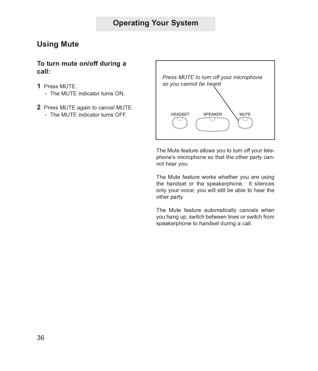 TMC ET4300 manual Operating Your System Using Mute, To turn mute on/off during a call 