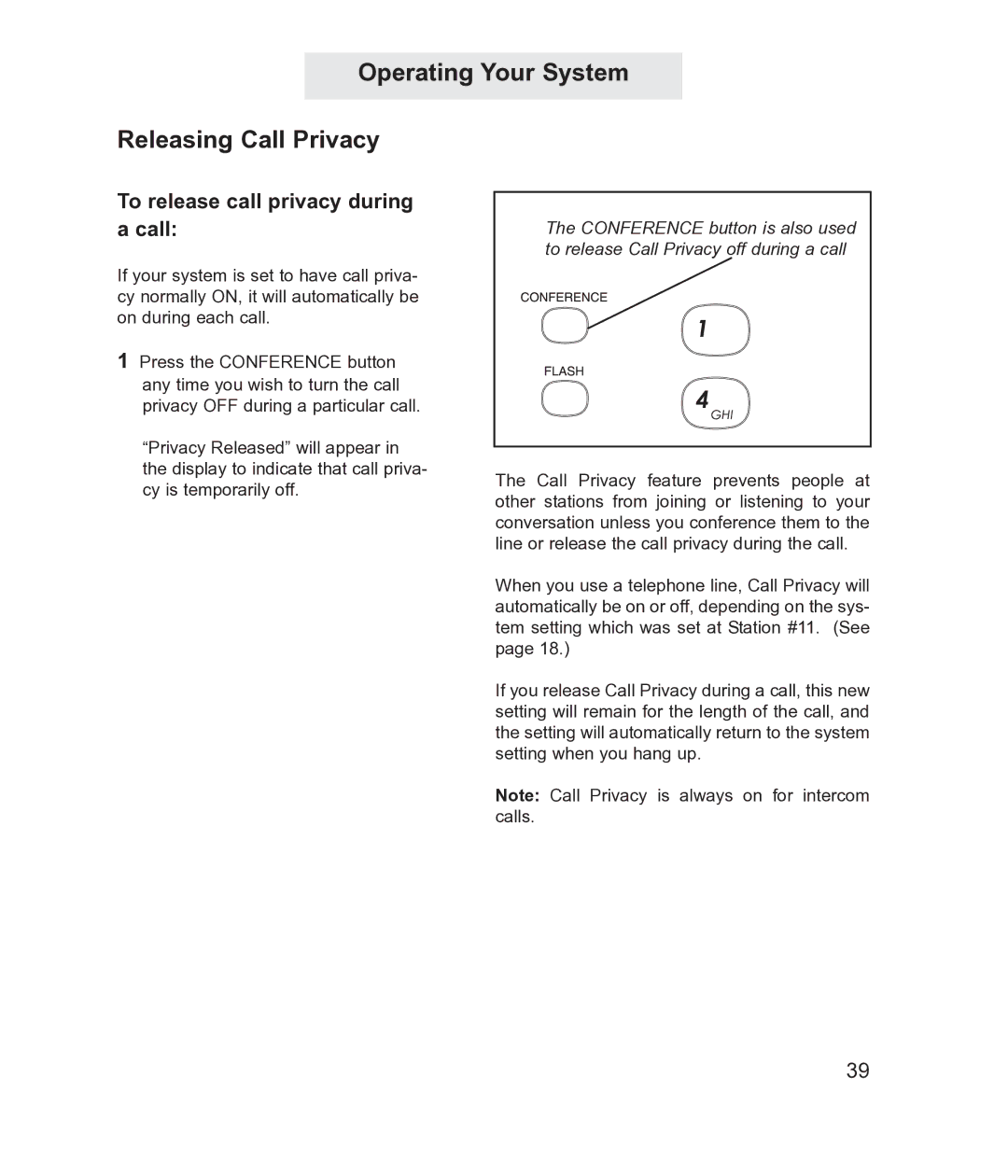 TMC ET4300 manual Operating Your System Releasing Call Privacy, To release call privacy during a call 