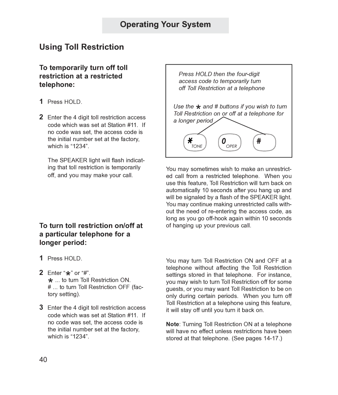 TMC ET4300 manual Operating Your System Using Toll Restriction 